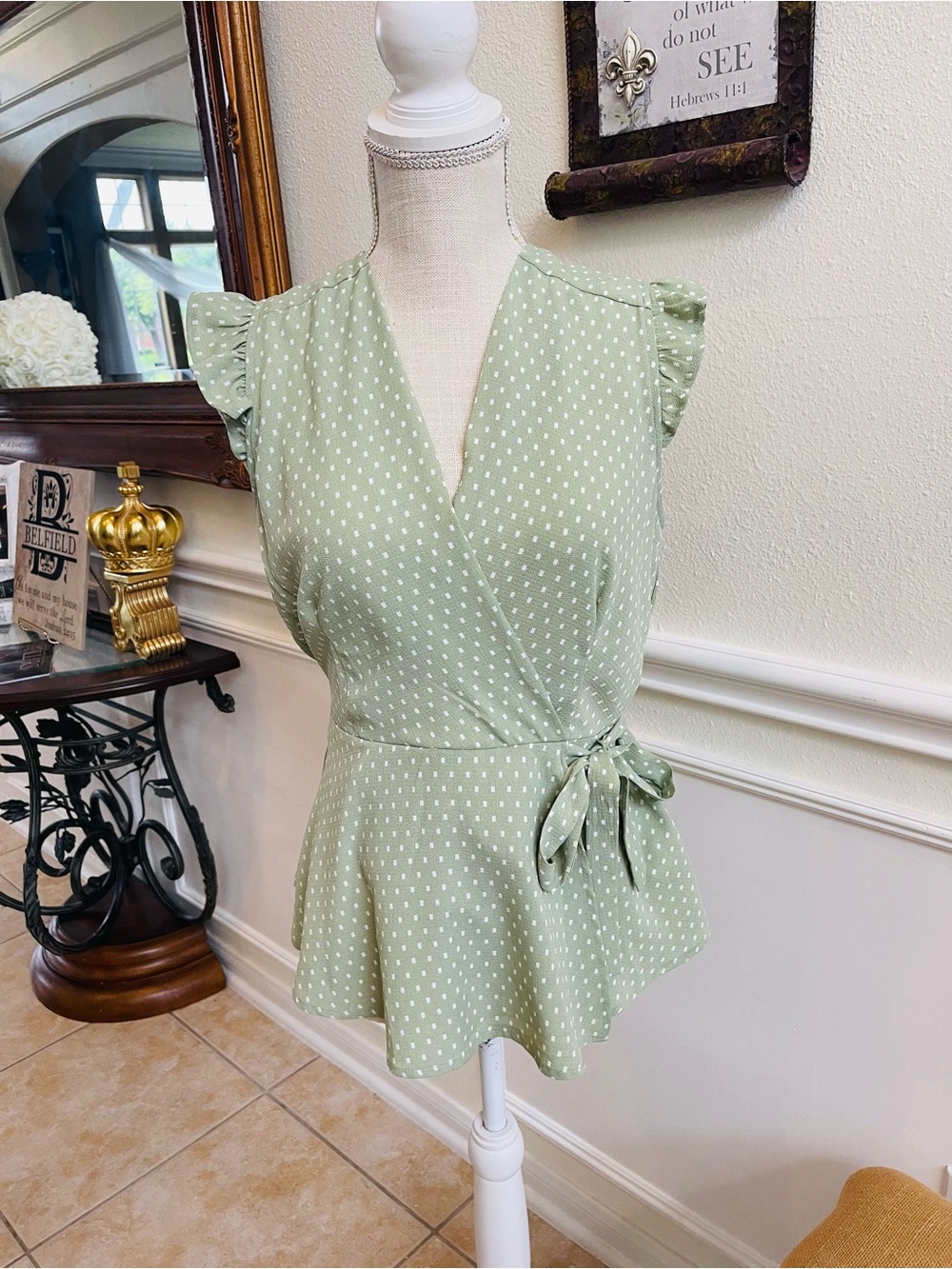 Monteau Sage Green Polka Dot Wrap Peplum Top